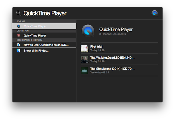 QuickTime in Spotlight Search