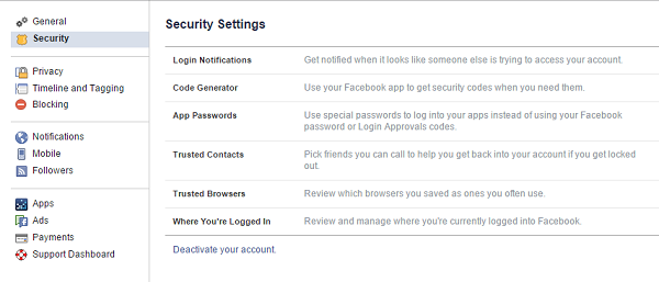 security tab in facebook settings