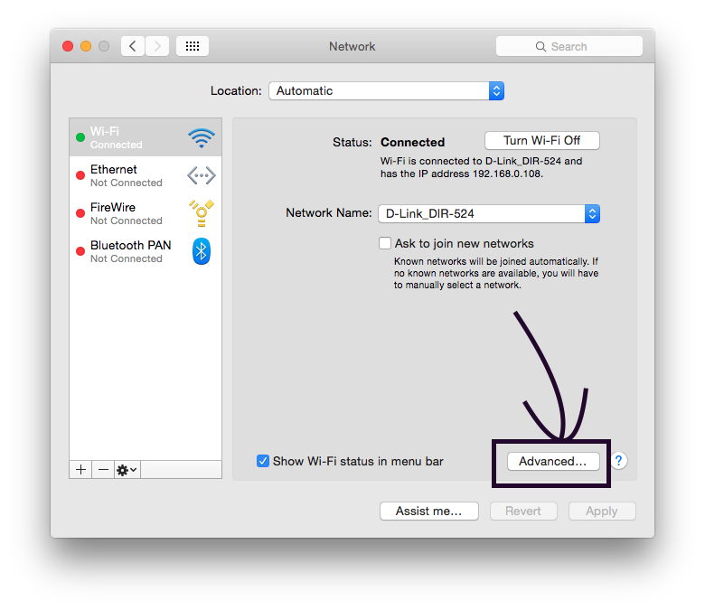 Advance button in Network preferences