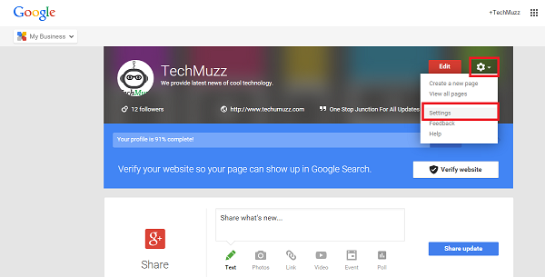 Setting option for Google+ page