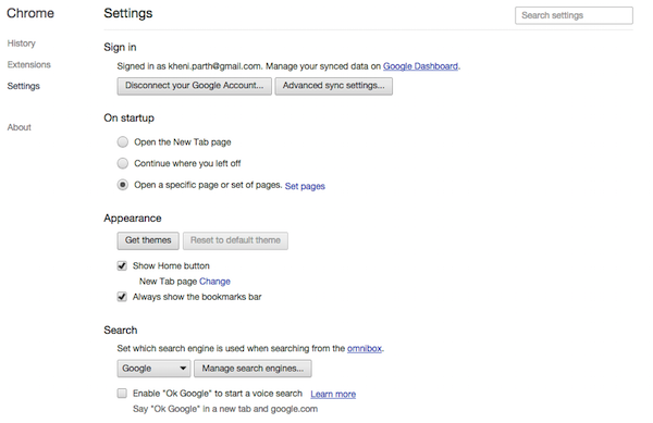 chrome browser settings