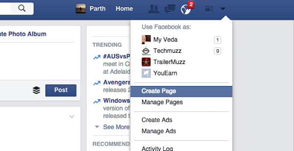create a new page in facebook