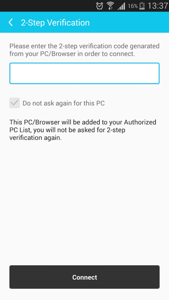 2 step verification in Mobizen app