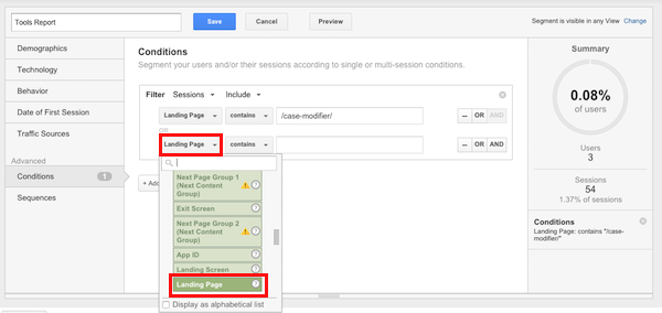 Set Landing page for segment in Google analytics