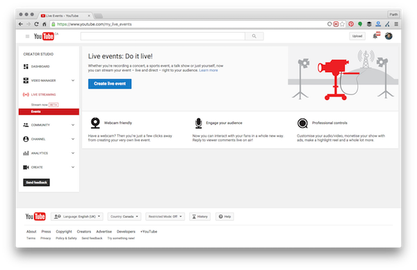 Youtube create Event window