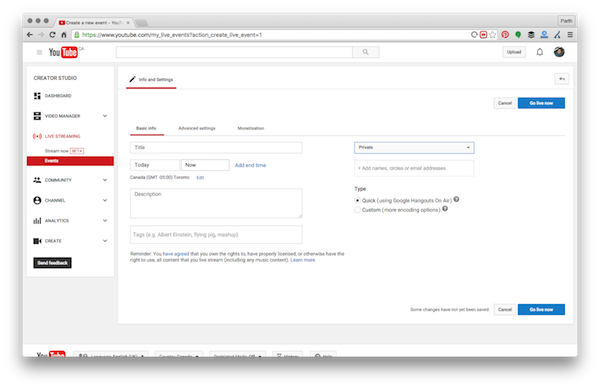 Go live button youtube create event window