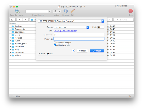 raspberry pi filezilla login