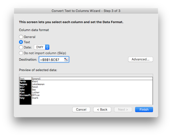 Data formate for new columns in text to columns wizard Excel