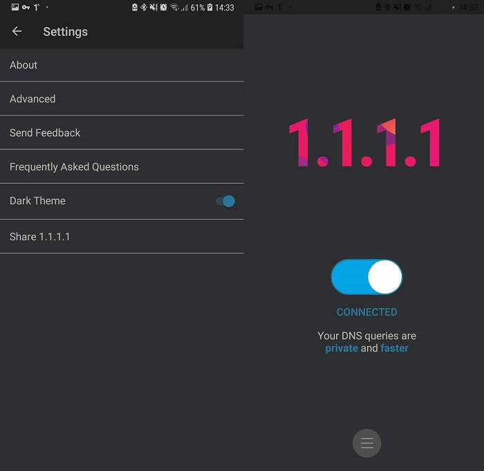 Dark theme in Cloudflare dns 1.1.1.1 android app