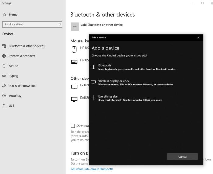 Windows 10 Add Device screen