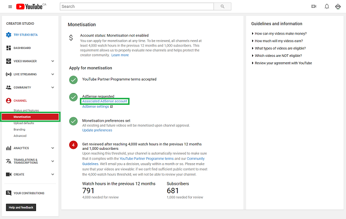 youtube channel monetization tab with adsense account