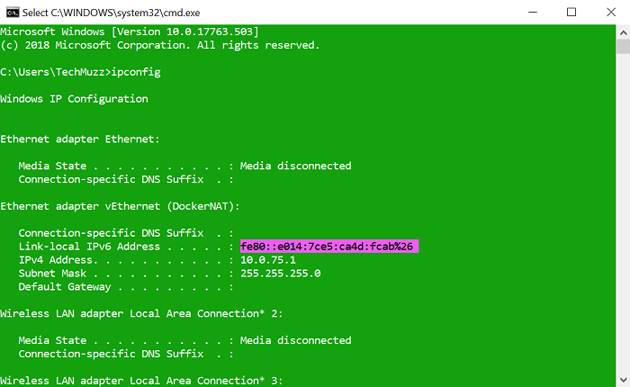 windows 10 command prompt with ipconfig command