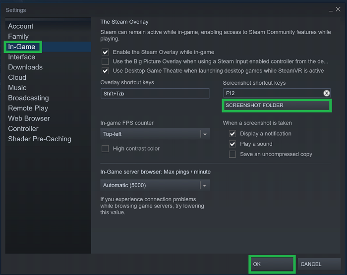 steam in-game screenshot folder settings screen
